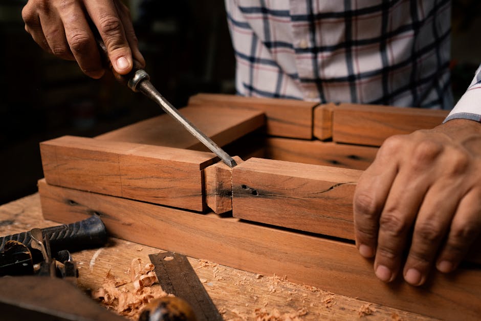 Close up detail of intricate wood joinery on handmade furniture